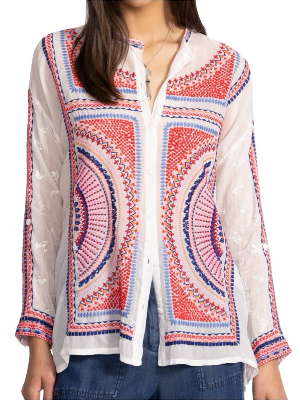 Johnny Was Women’s Size S White Pink Red Blue Embroidery Button Down Blouse